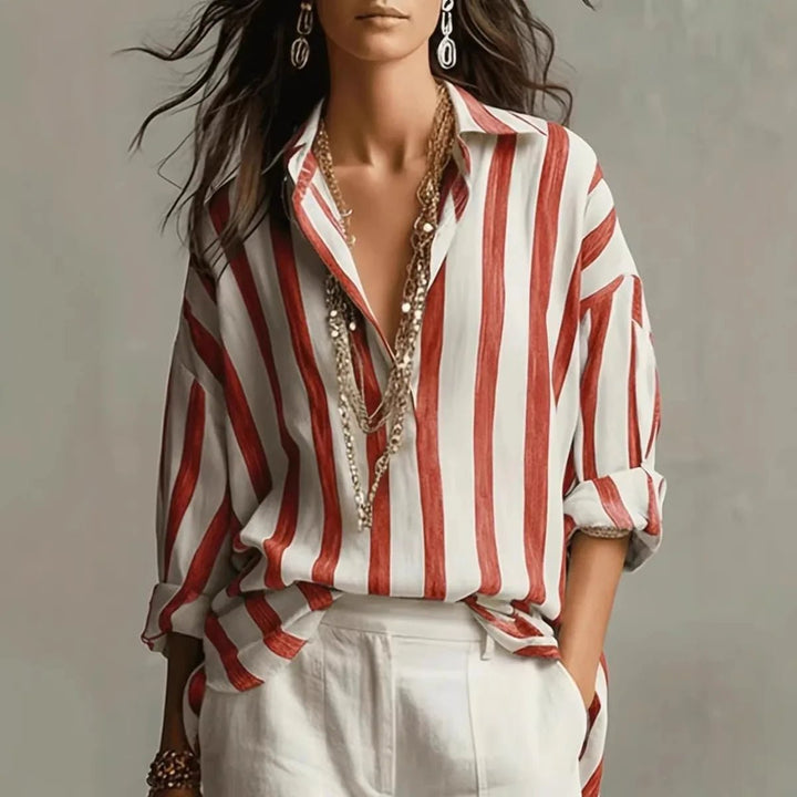 Harper | Women's Relaxed-Fit Vertical Striped Open-Collar Long Sleeve Blouse 2