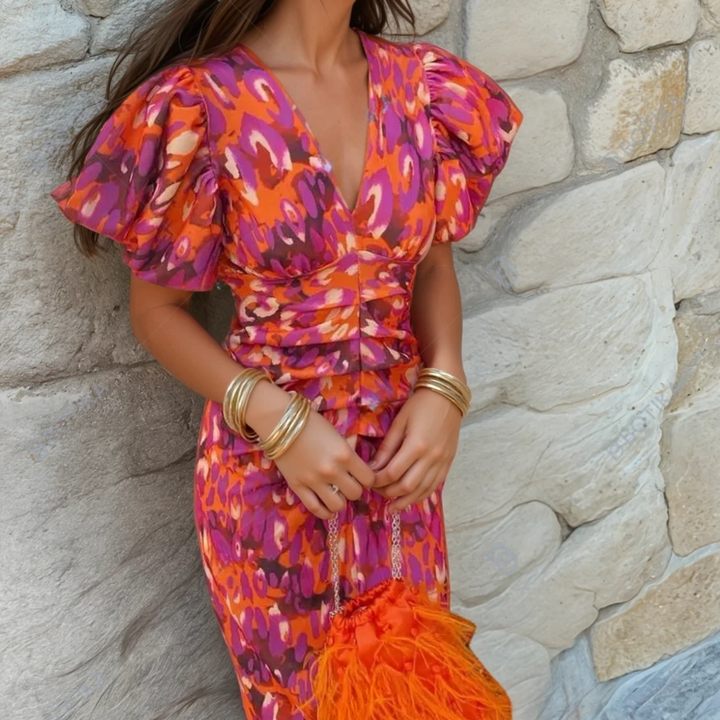 Isabelle | Comfortable and Printed Wedding Guest Midi Dress 0
