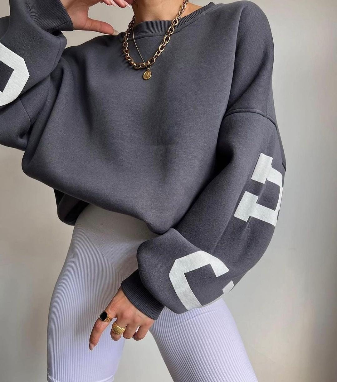 Isla | Women's Oversized Fleece-Lined Varsity Sleeve Crewneck Jumper 2