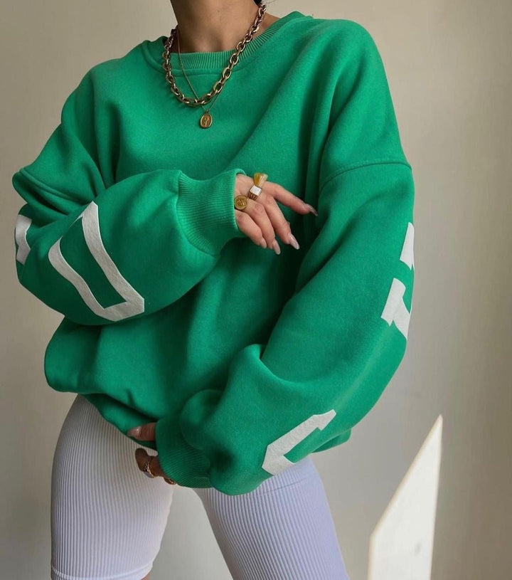 Isla | Women's Oversized Fleece-Lined Varsity Sleeve Crewneck Jumper 6