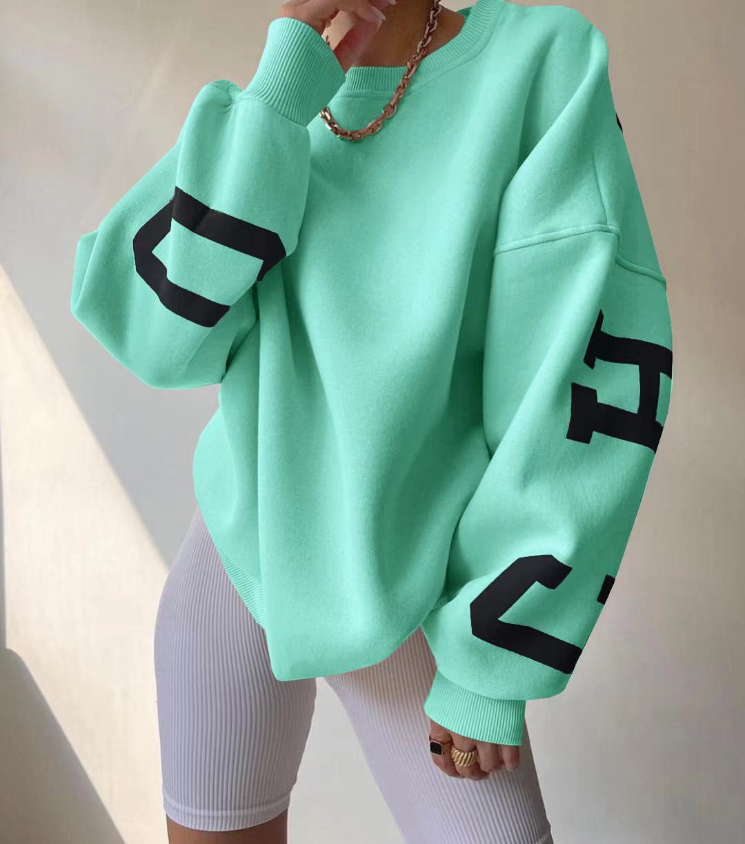Isla | Women's Oversized Fleece-Lined Varsity Sleeve Crewneck Jumper 7