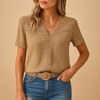 Sofia | Swiss Dot Lace-Trim Short Sleeve Blouse