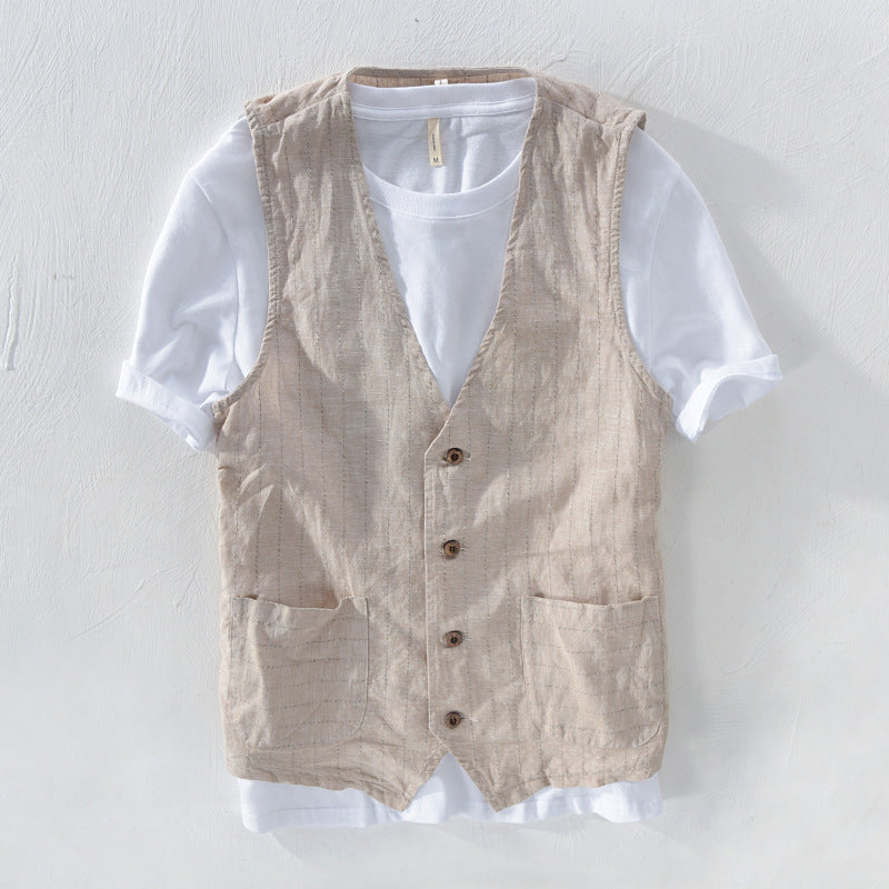Men's Striped Vest, Linen Look 0