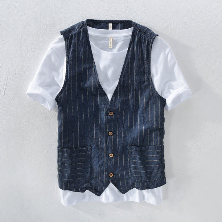 Men's Striped Vest, Linen Look 1