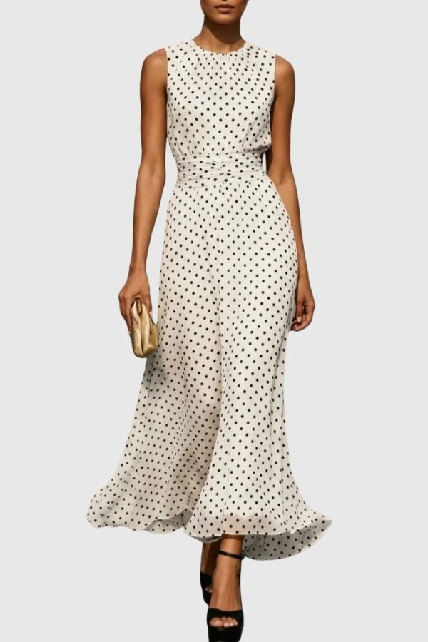 Nicole | Polka Dot Sleeveless Ruffle Hem Maxi Dress 0