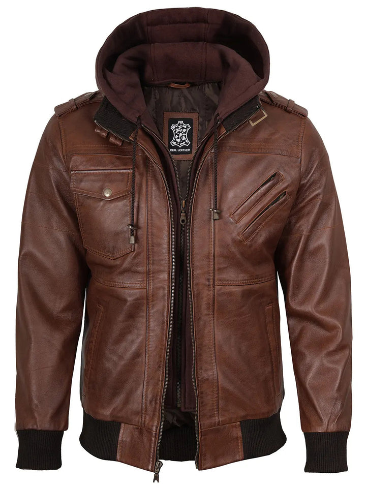 Oliver | Premium Leather Bomber Jacket with Removable Hood 0
