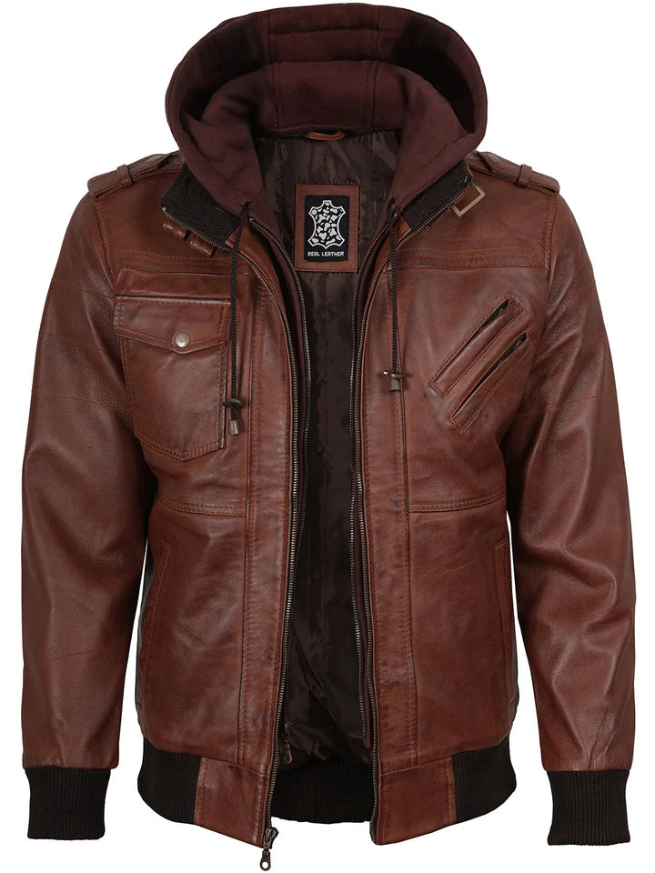 Oliver | Premium Leather Bomber Jacket with Removable Hood 3