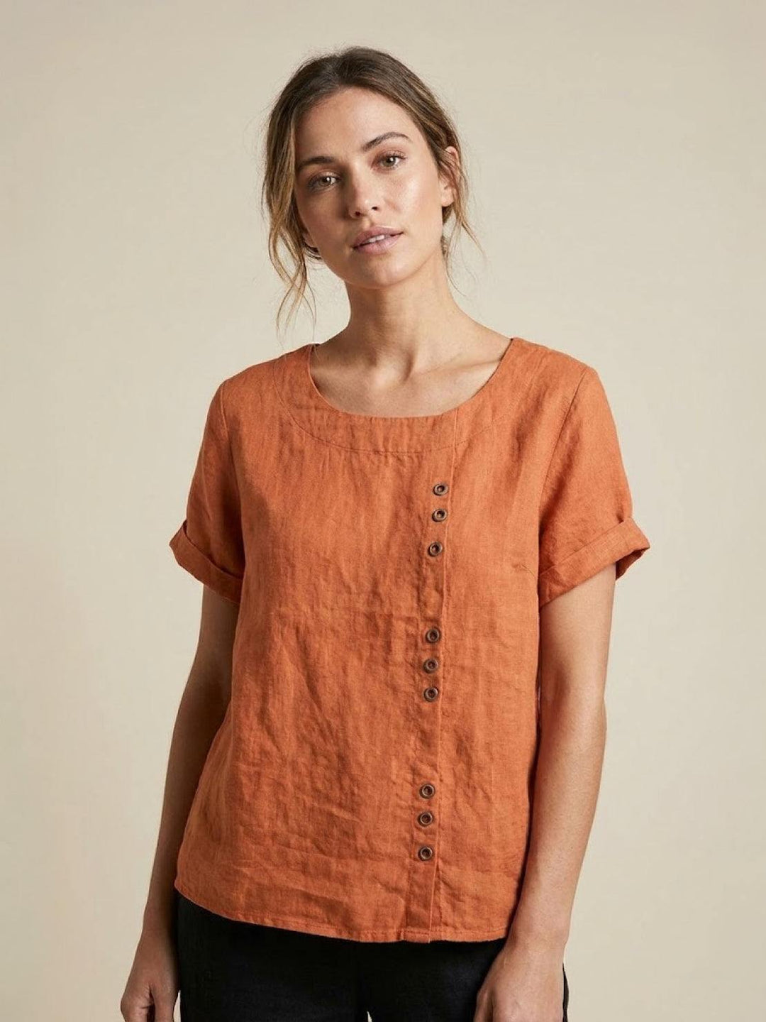 Taylor | Women’s Linen Round Neck Button Blouse 10