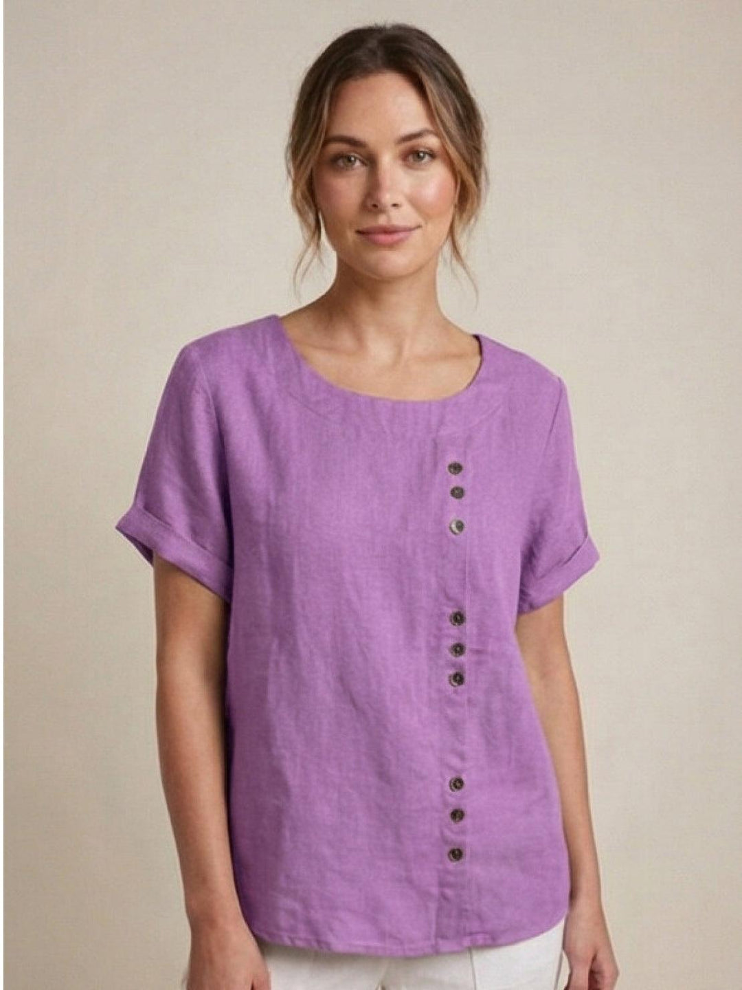 Taylor | Women’s Linen Round Neck Button Blouse 13