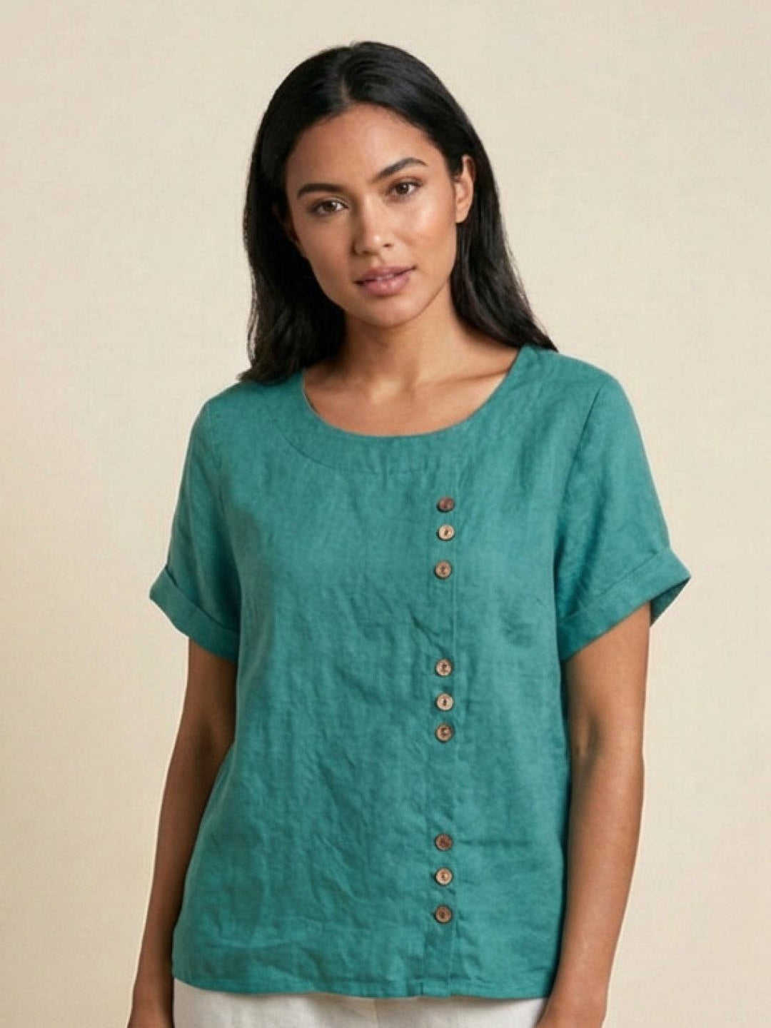 Taylor | Women’s Linen Round Neck Button Blouse 14