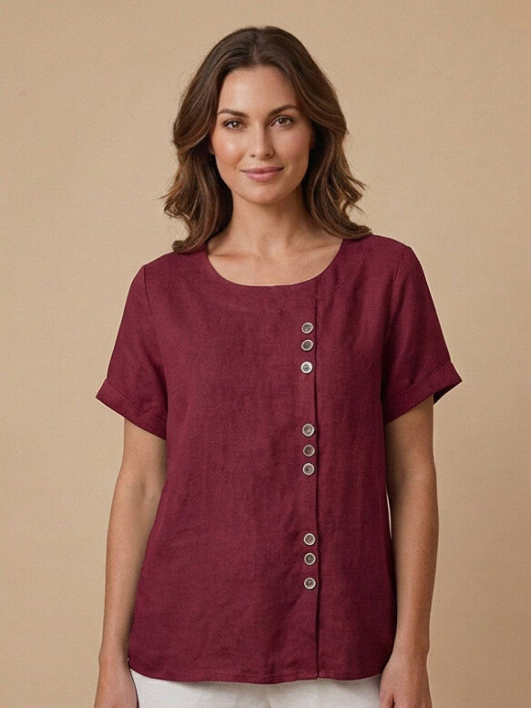 Taylor | Women’s Linen Round Neck Button Blouse 17