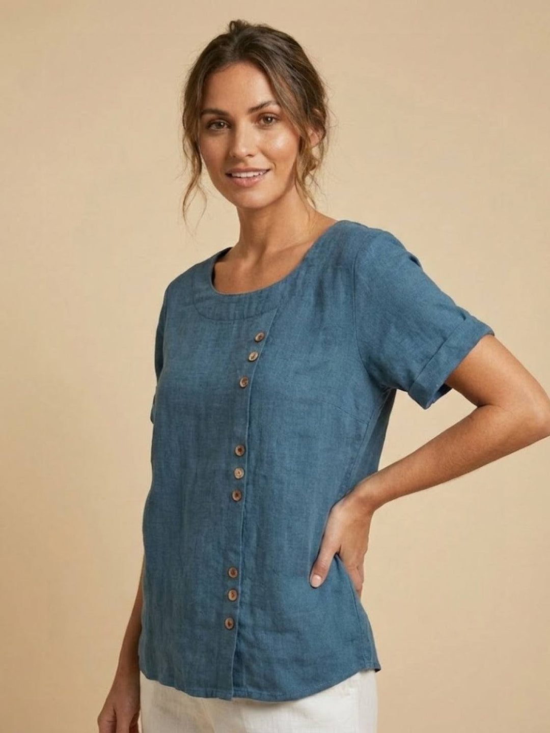 Taylor | Women’s Linen Round Neck Button Blouse 7