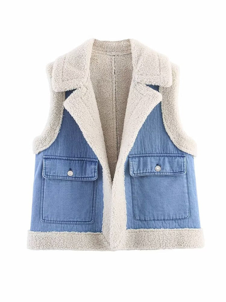 Women's vintage-style denim vest with fleece lining, Drune 0