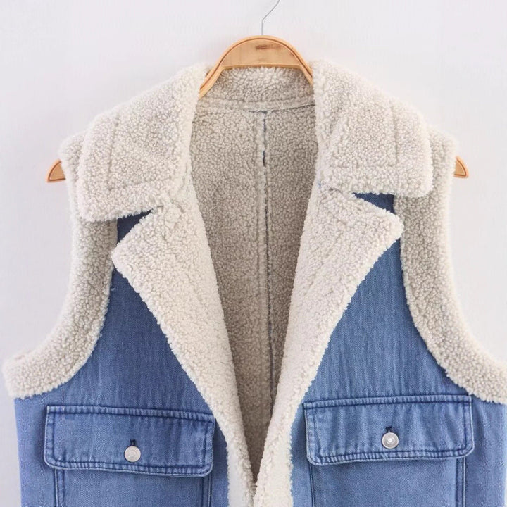 Women's vintage-style denim vest with fleece lining, Drune 3