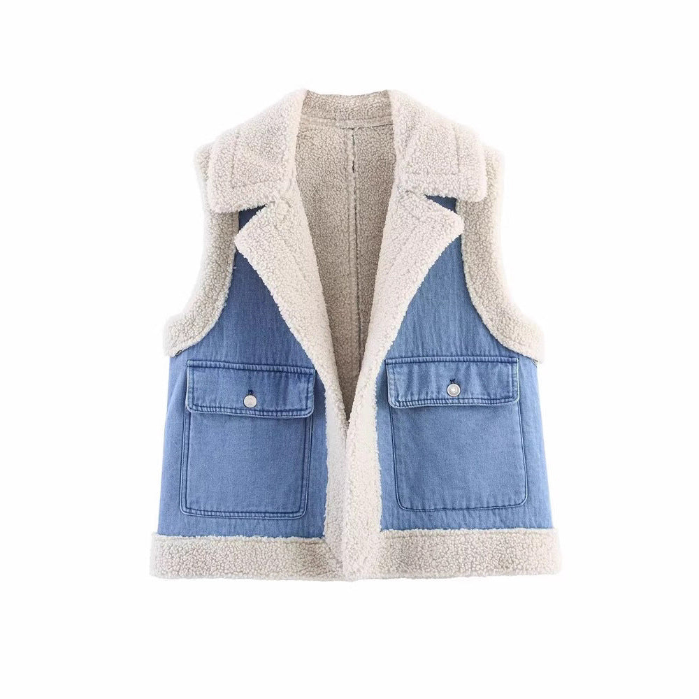 Women's vintage-style denim vest with fleece lining, Drune 5