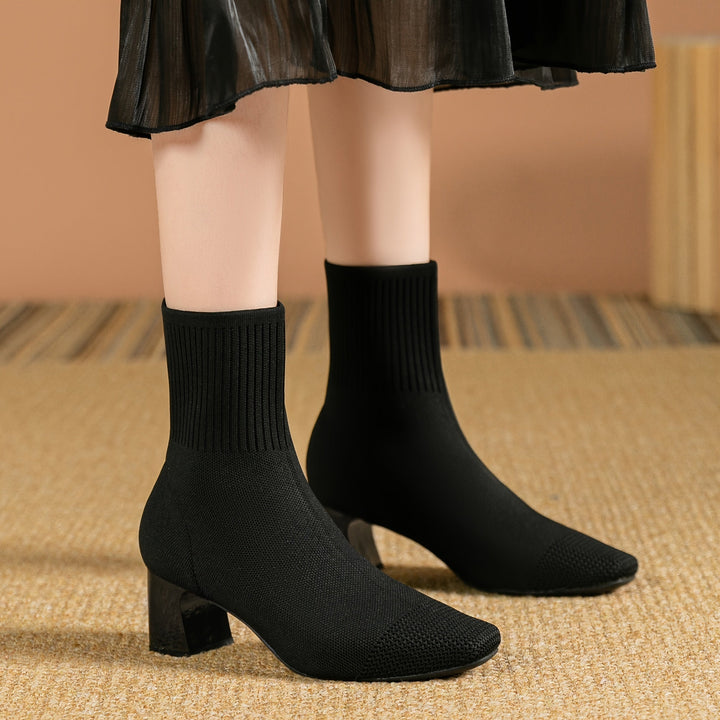 Aveline | Stretch Knit Block Heel Ankle Boots