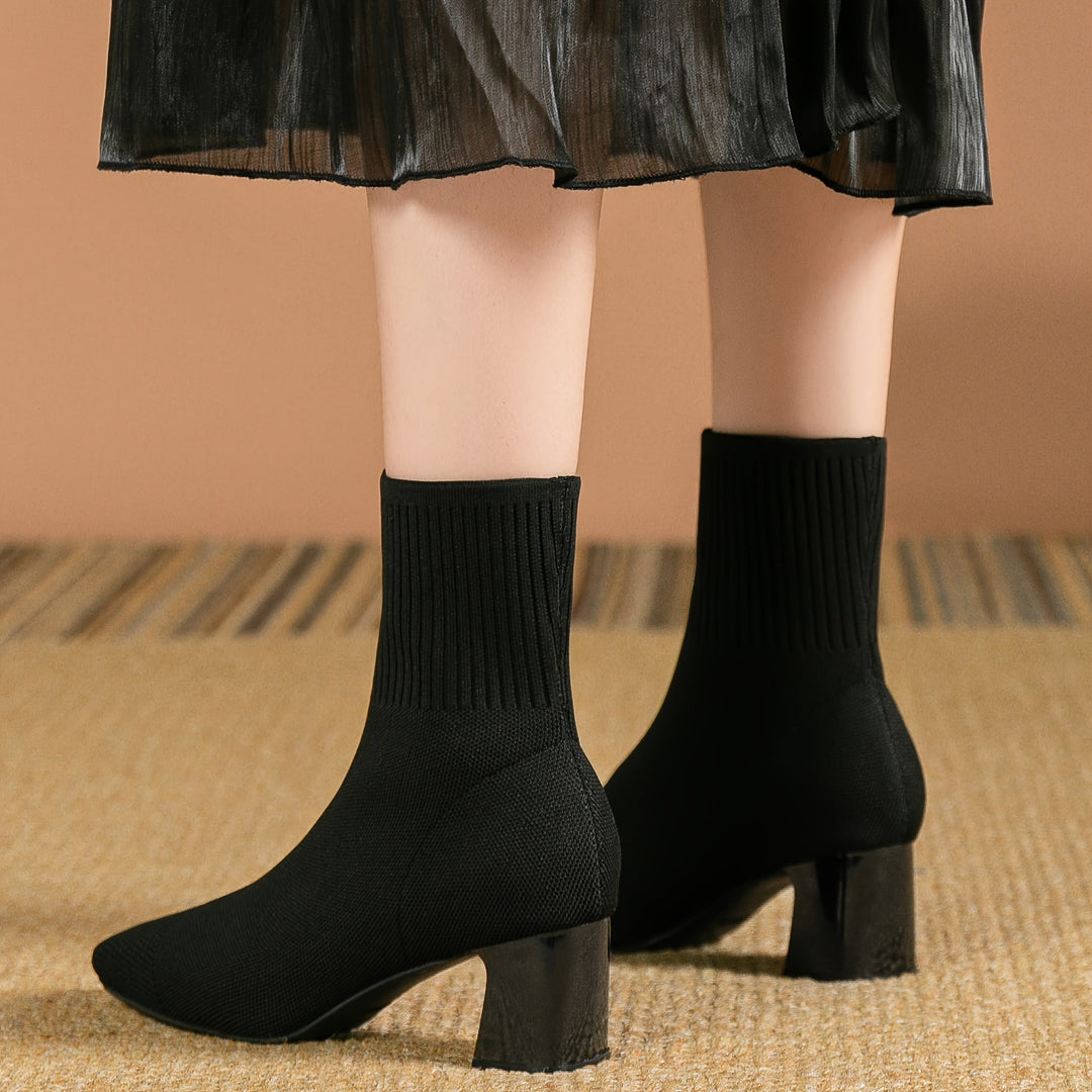 Aveline | Stretch Knit Block Heel Ankle Boots