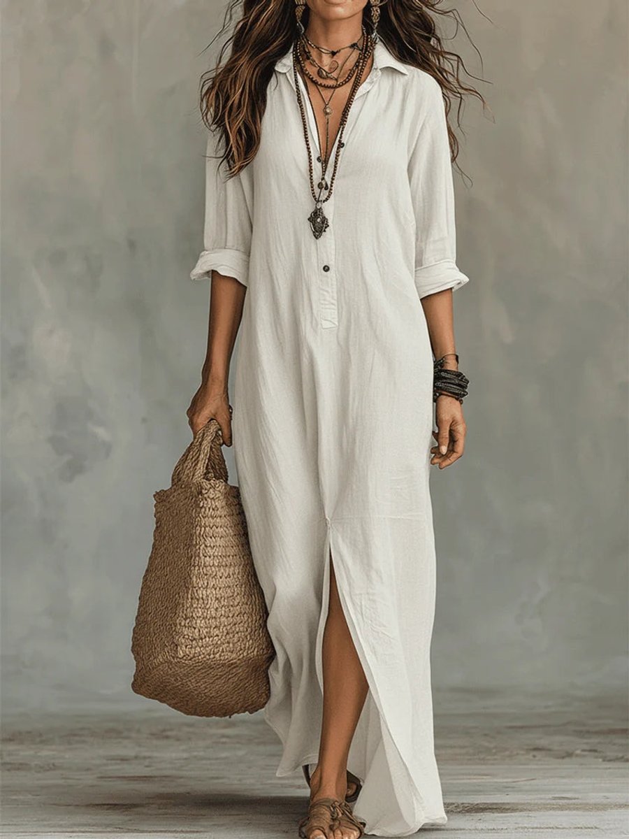 Nova | Flowing Button Front Long Sleeved Maxi Dress