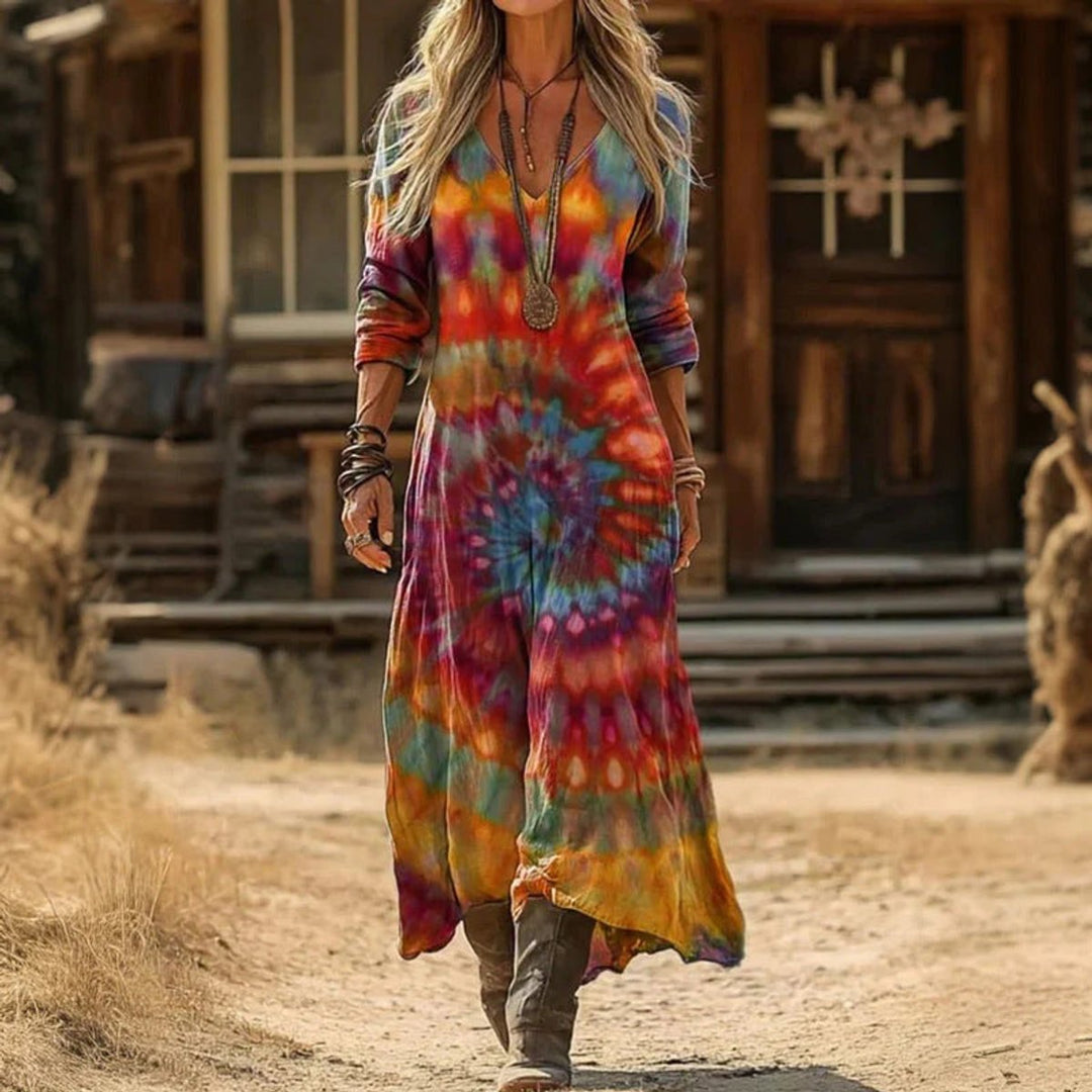 Julia | Vintage Bohemian V-Neck Long-Sleeved Maxi Dress