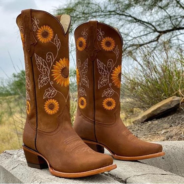 Lydia | Charming And Sunflower-Embroidered Western Cowboy Boots
