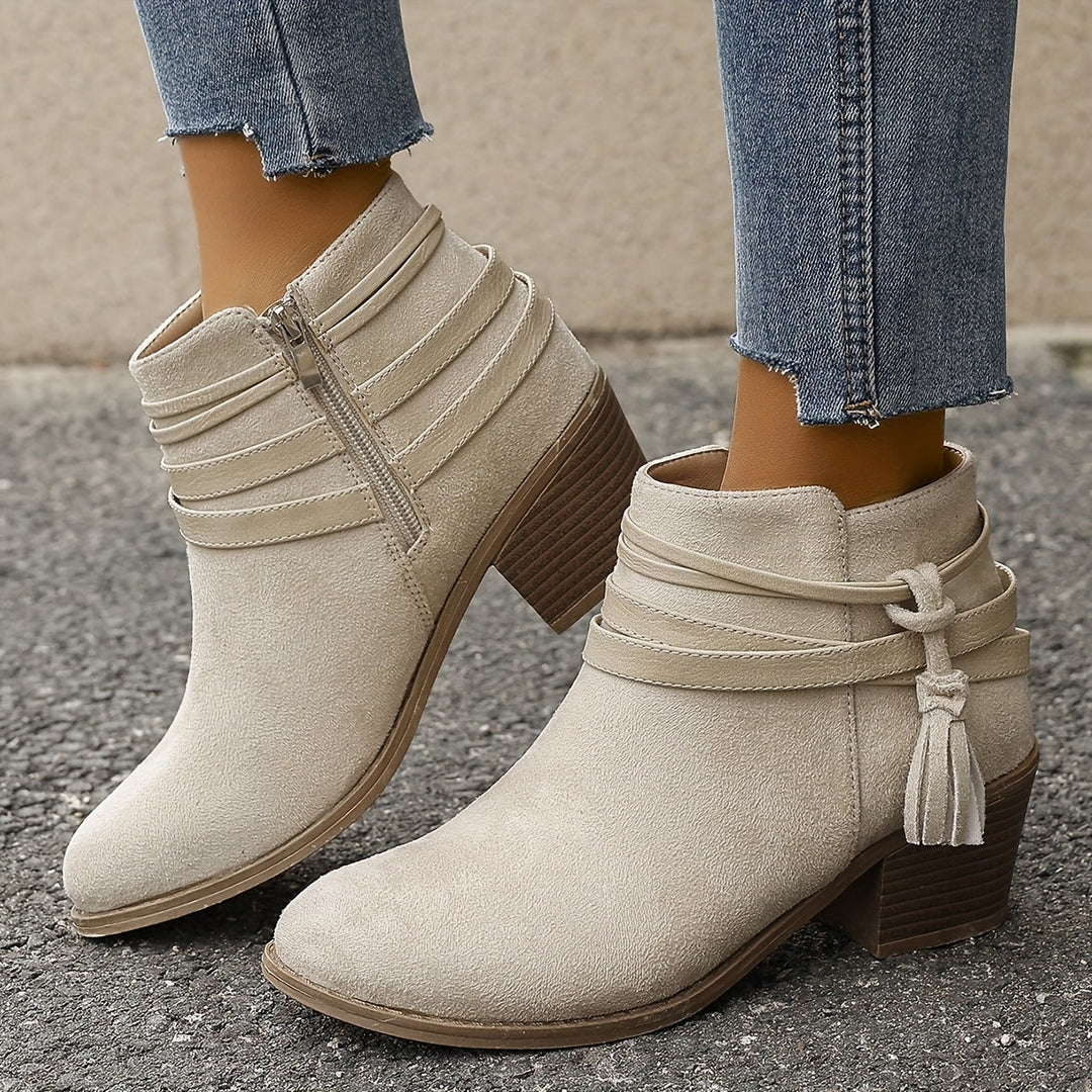 Olivia | Elegant Tassel Block Heel Ankle Boots