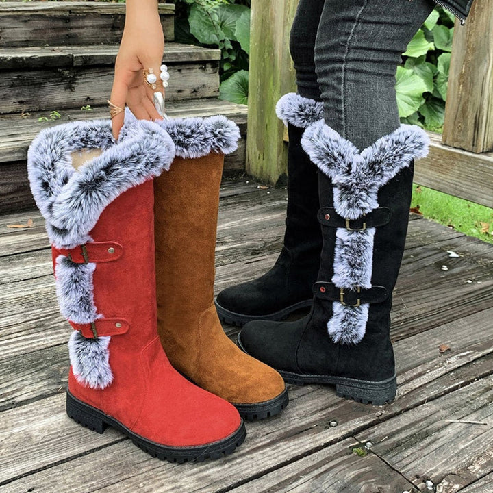 Stella | Warm And Stylish Faux Suede Fur-Trimmed Knee High Boots