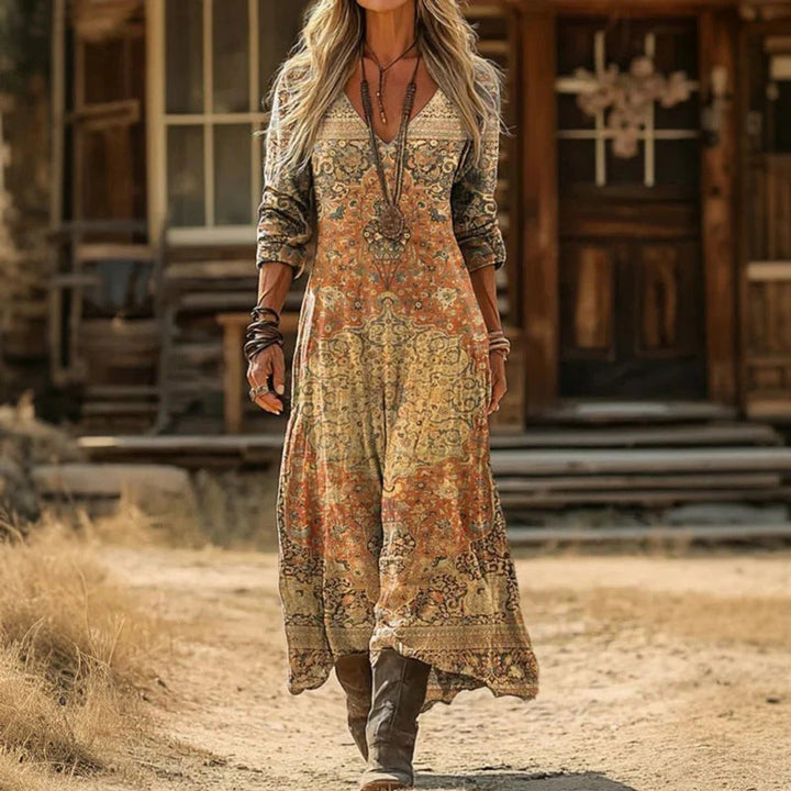 Julia | Vintage Bohemian V-Neck Long-Sleeved Maxi Dress