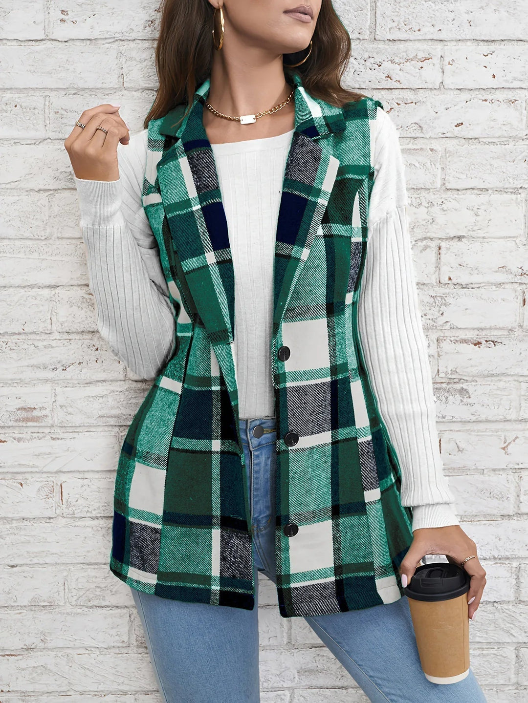 Nora | Gilet lungo elegante in misto lana a quadri