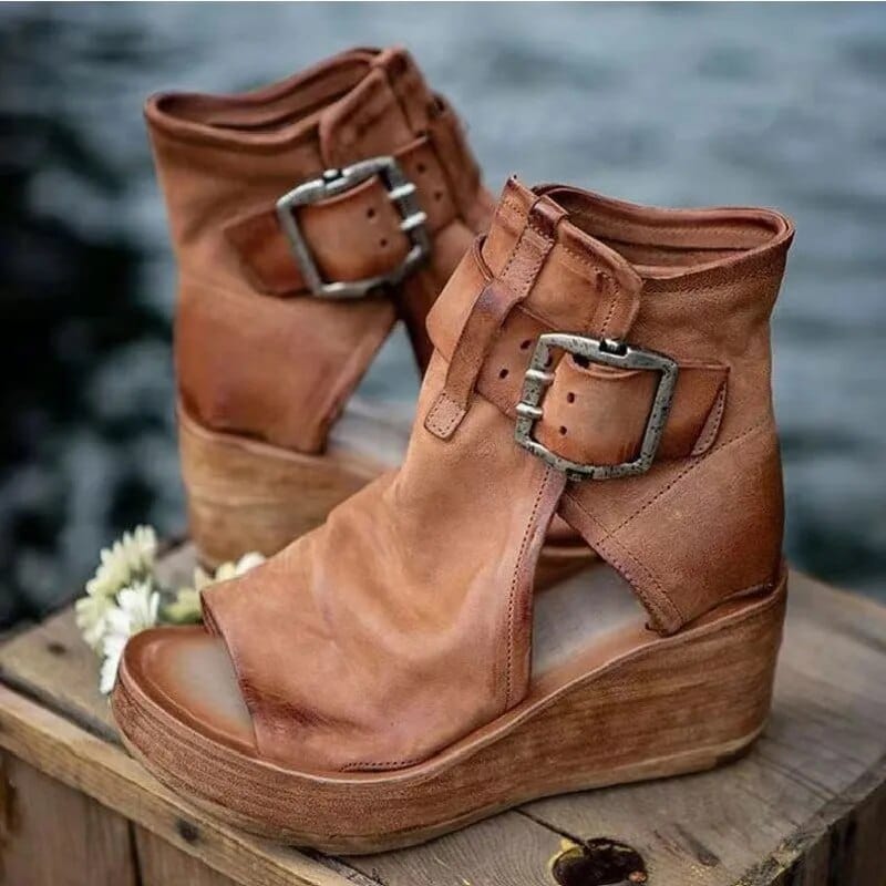 Aria | Chic Open-Toe Wedge Ankle Boots