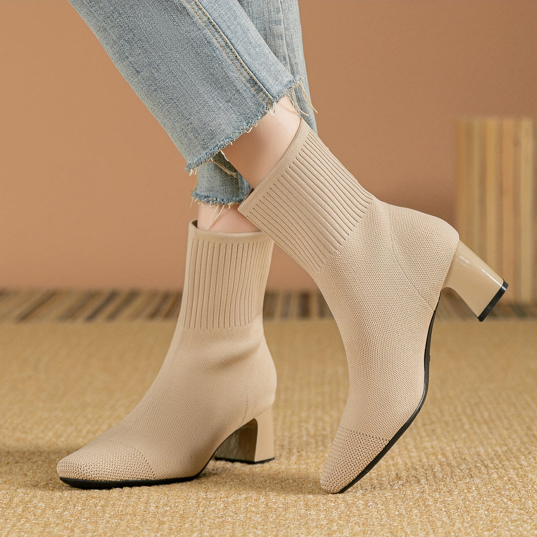 Aveline | Stretch Knit Block Heel Ankle Boots