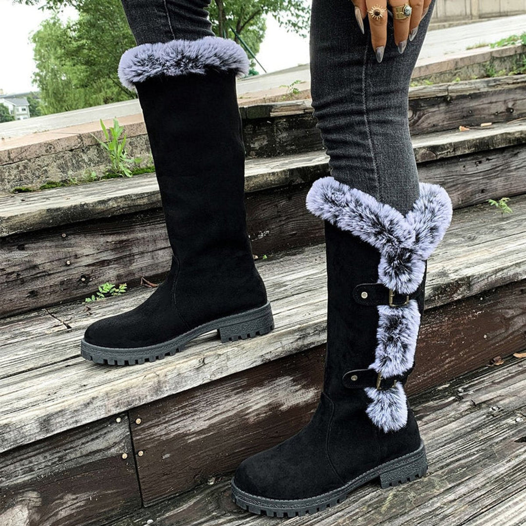 Stella | Warm And Stylish Faux Suede Fur-Trimmed Knee High Boots