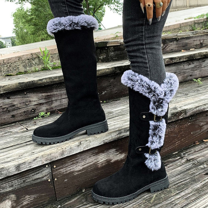 Stella | Warm And Stylish Faux Suede Fur-Trimmed Knee High Boots