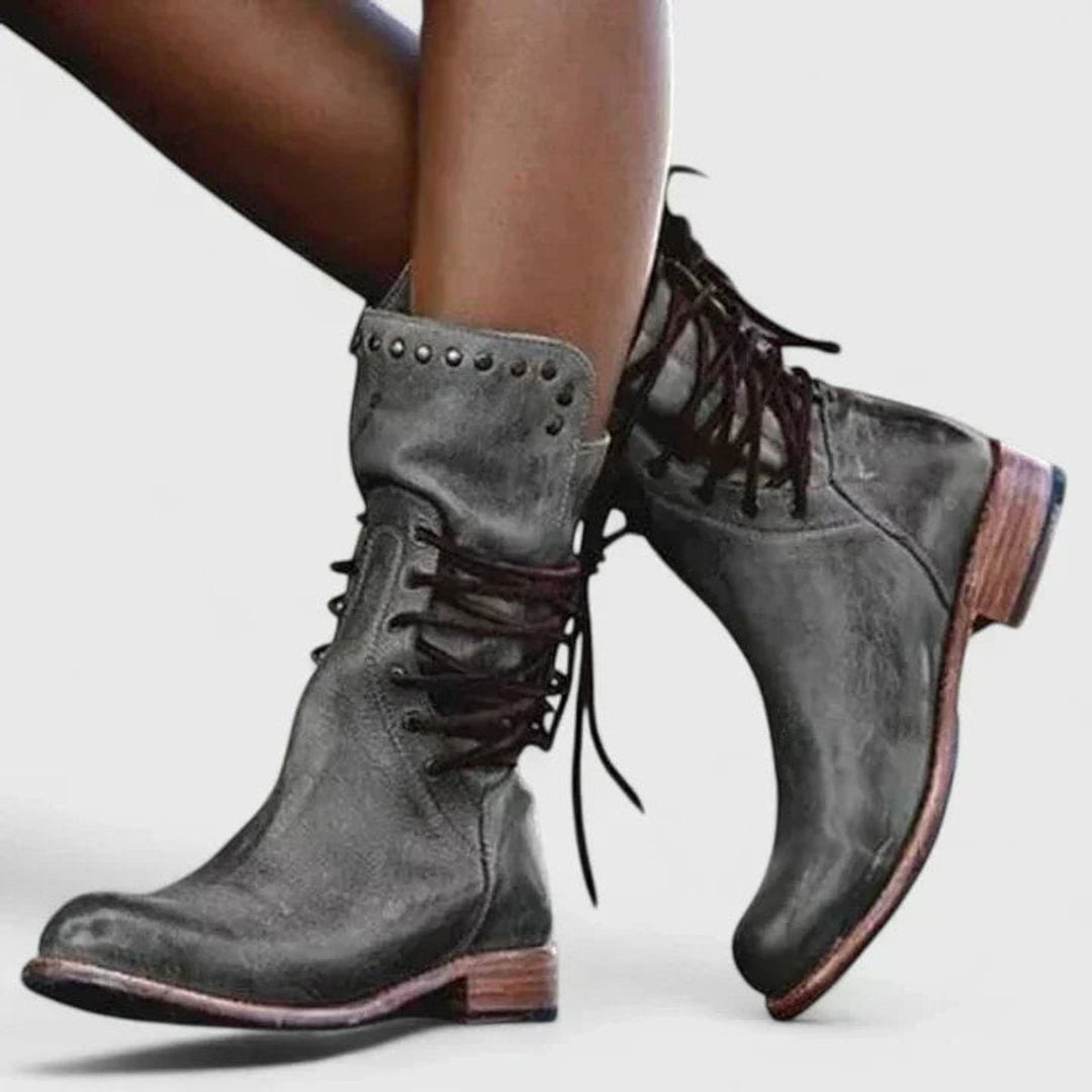 Emily | Vintage And Edgy Studded Lace-Up Knee High Boots